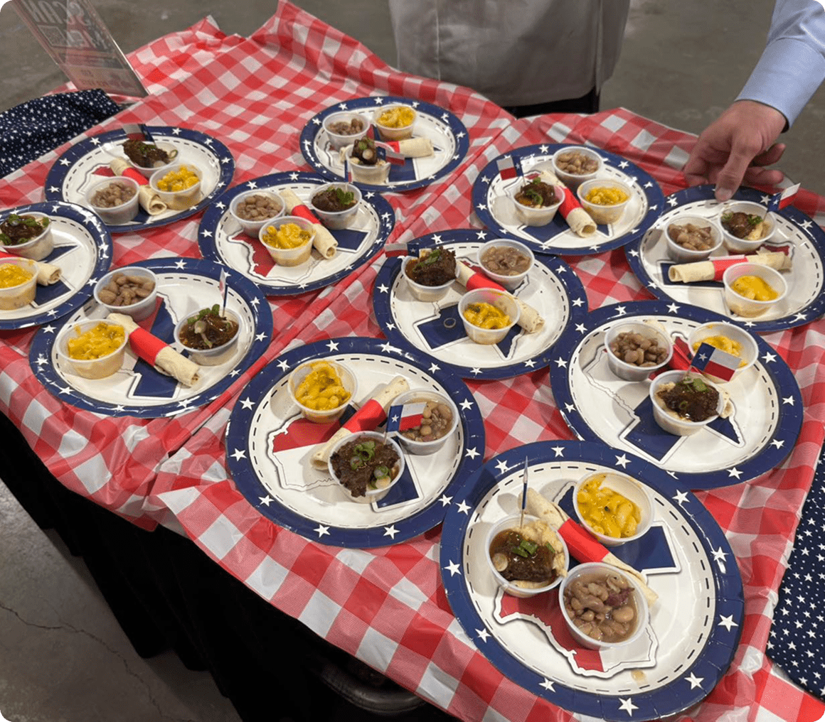 Plates of appetizers on checkered tablecloth