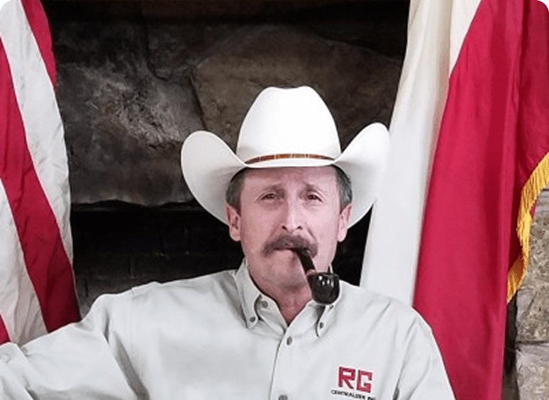 Man in white hat with red flags