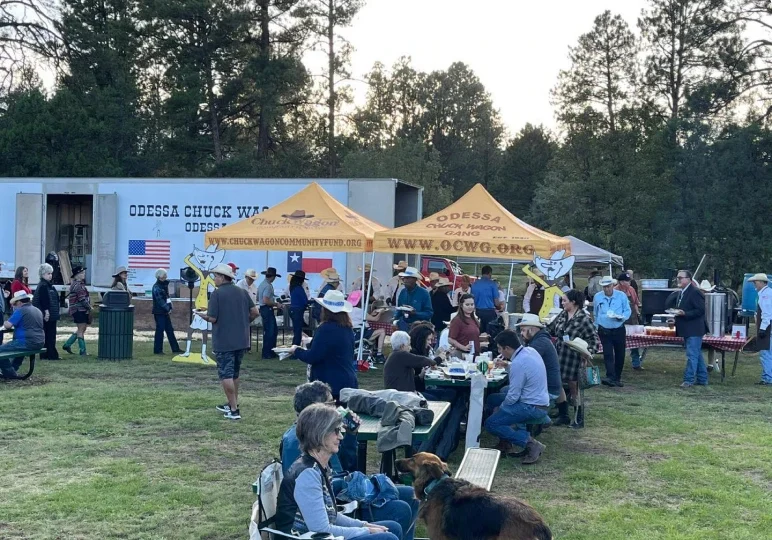 Group enjoying picnic under trees